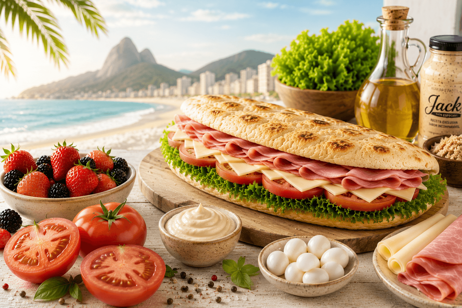 Santo Jack - Ingredientes artesanais frescos: morangos, queijo e a praia do Rio ao fundo