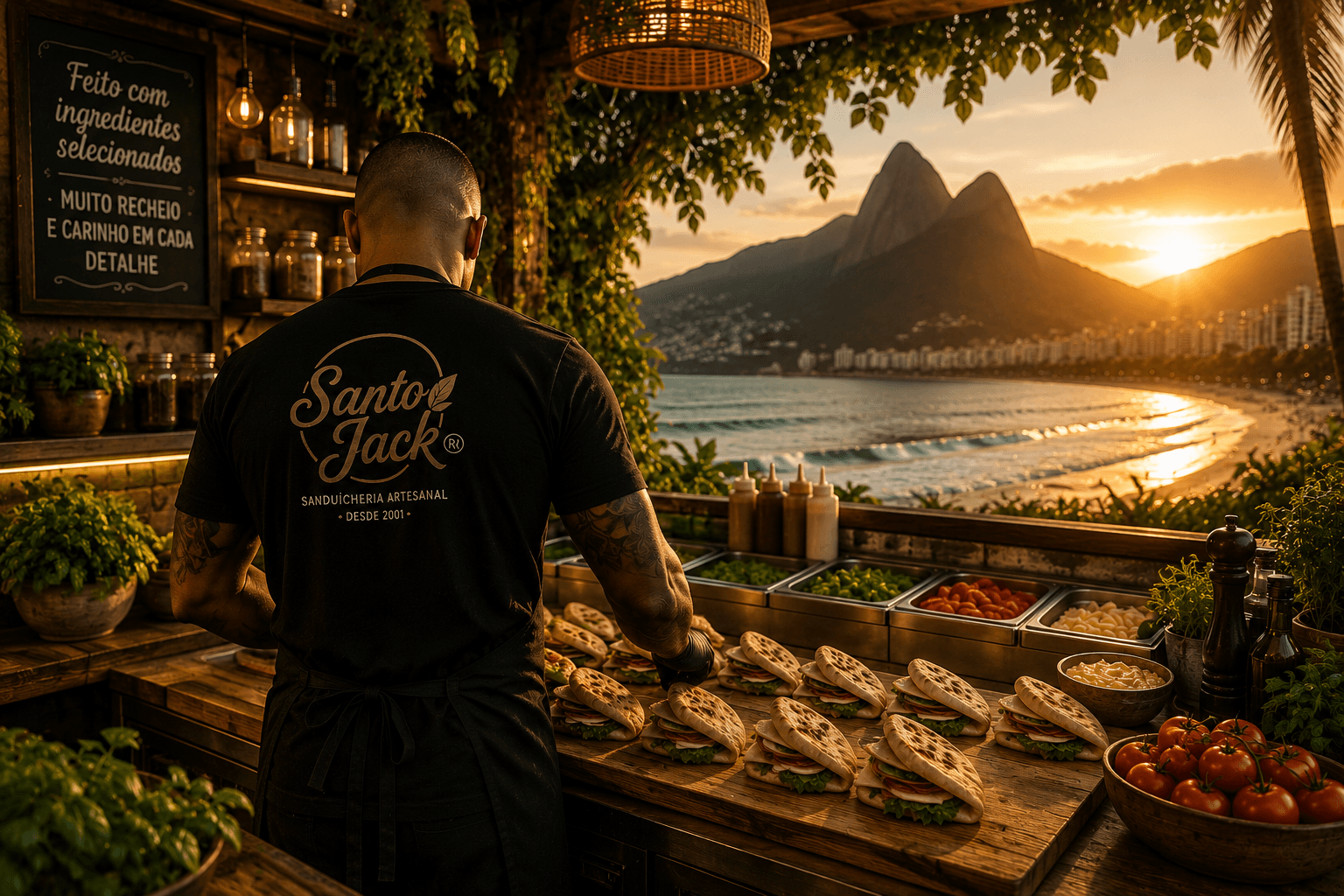 Chef Santo Jack em produção artesanal diária frente ao Pôr do Sol em Ipanema