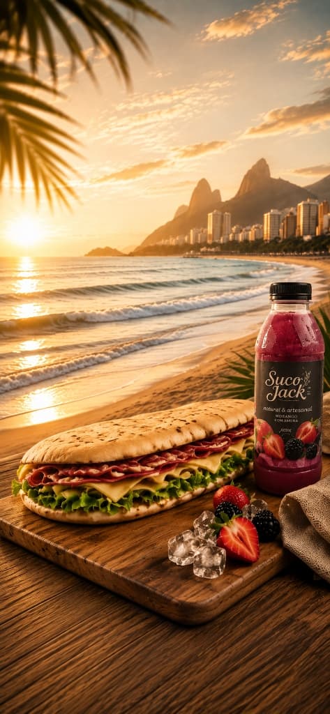 Santo Jack Mobile Hero Background - Pôr do sol no Rio de Janeiro com Sanduíche em Pão Árabe e Suco do Jack